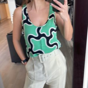 Green Patterned Diane Von Furstenburg Silk Tank, Size 2